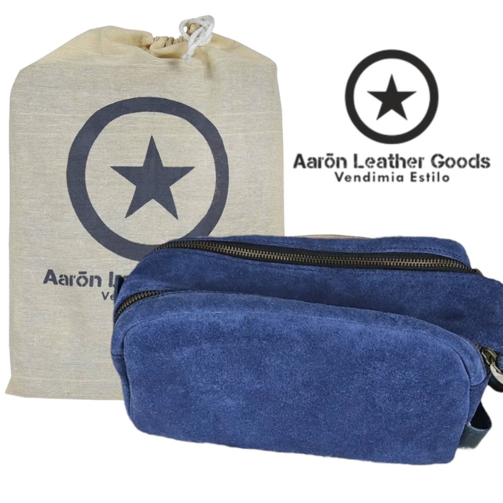 NEW Aaron Leather Goods Toiletry Bag Blue Double Zip Genuine Leather  10"